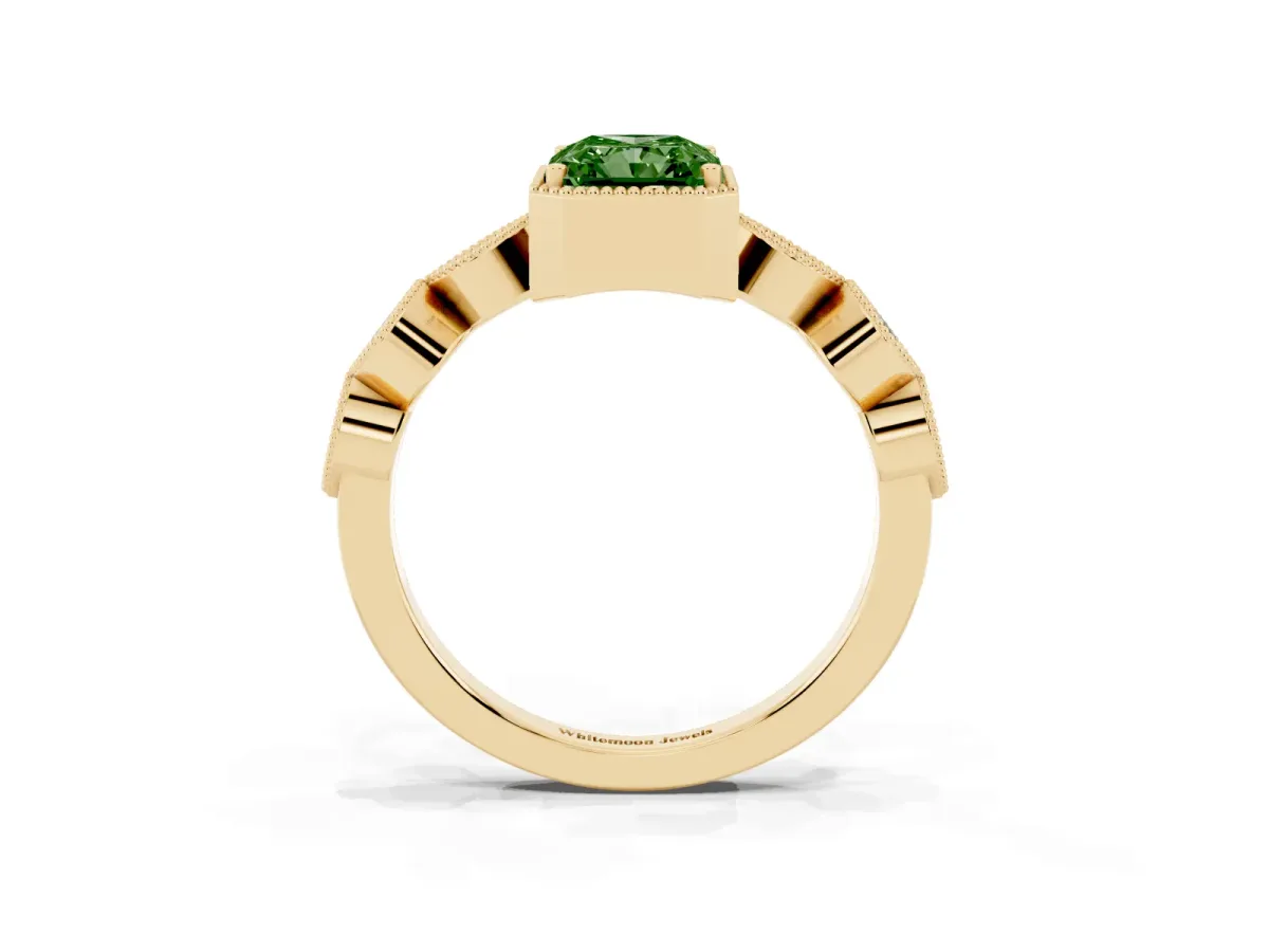 Fancy Green Radiant Cut Diamond Vintage Milgrain Ring with Round Stations Yellow gold