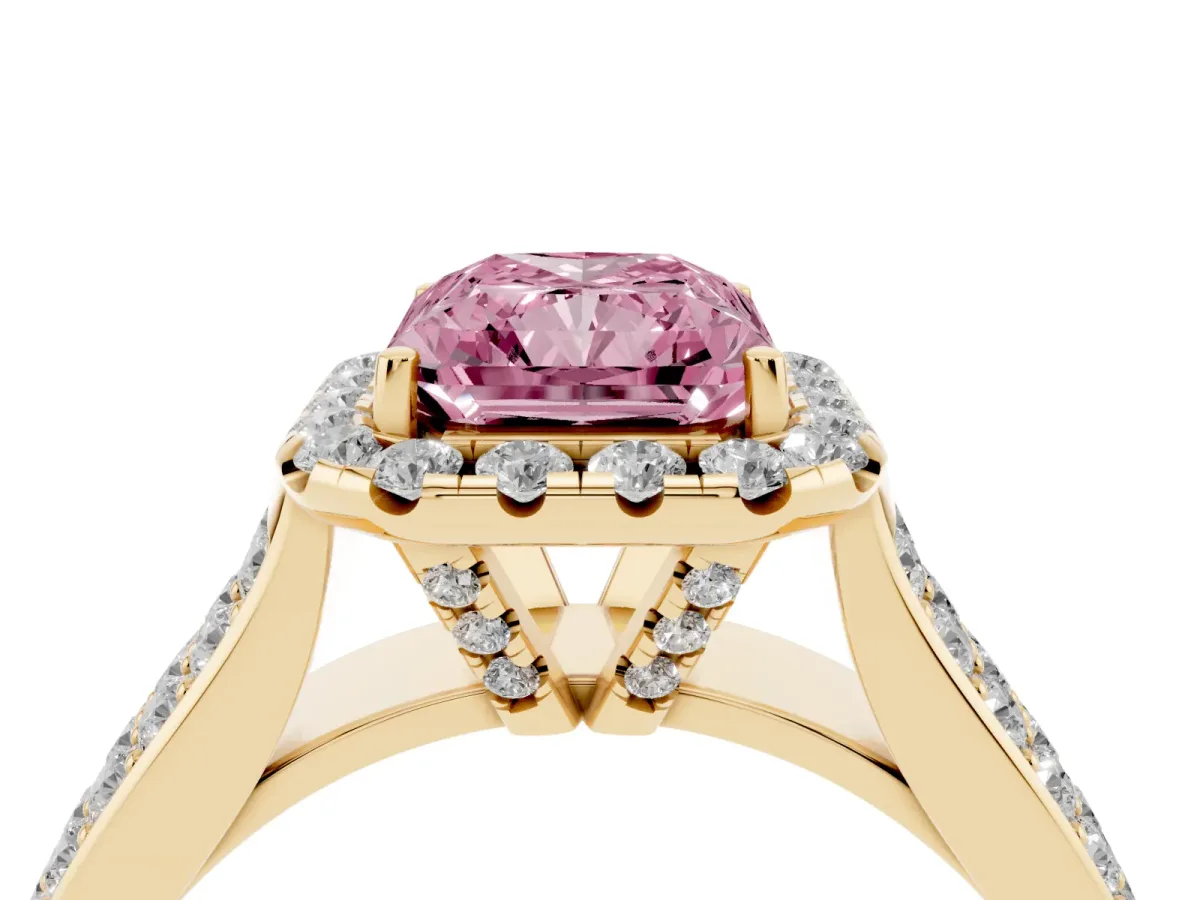 Fancy Pink Radiant Cut Halo Round Diamond Pave Band with Prong Setting Yellow gold