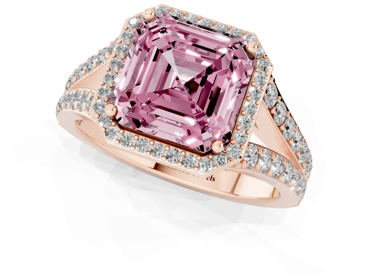 Fancy Pink Asscher Cut Diamond Split Shank Halo Ring with Four-Prong Setting Rose gold
