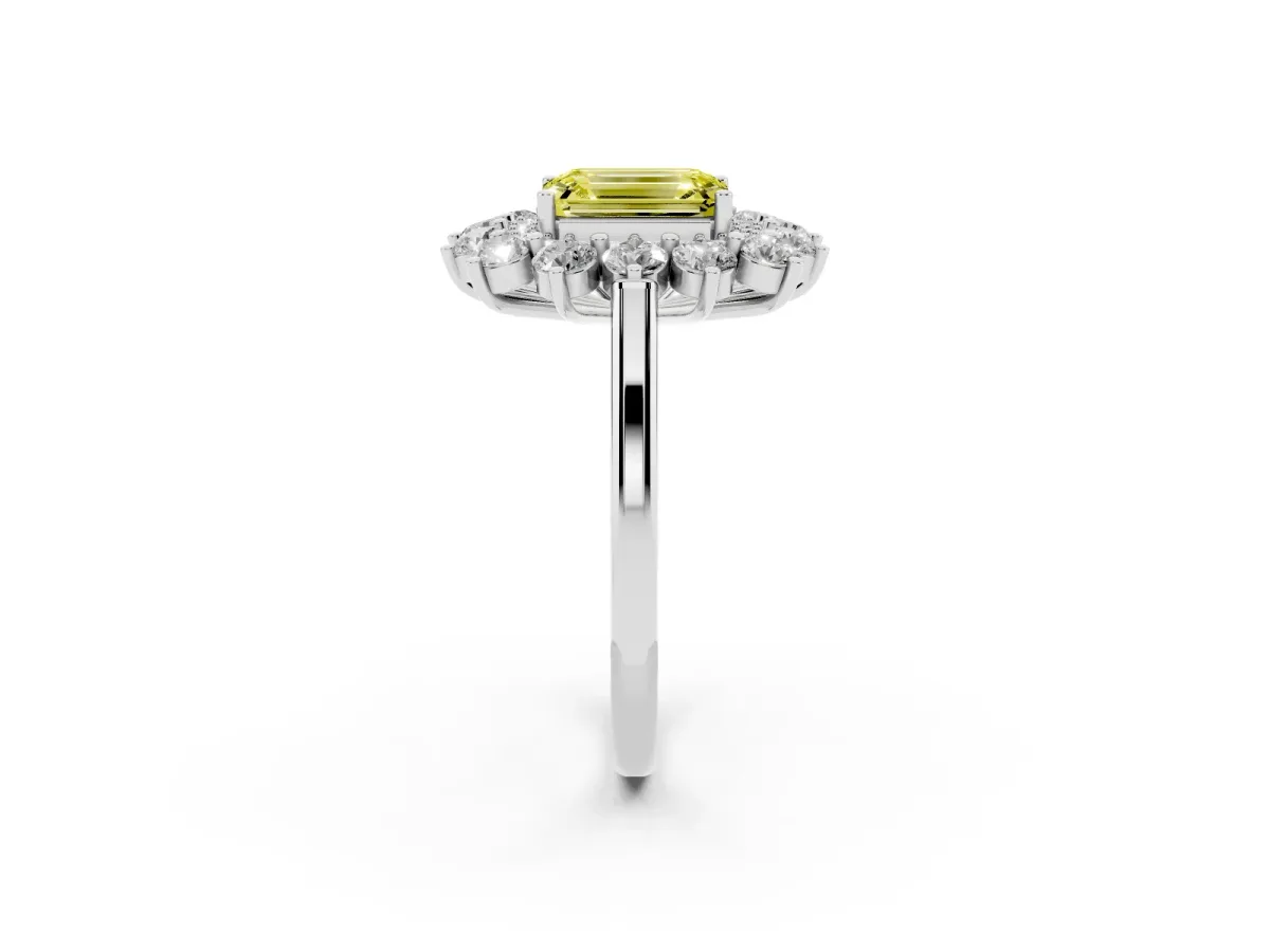 Fancy Yellow Emerald Cut Diamond Floral Double Halo Engagement Ring with Prong Setting Silver
