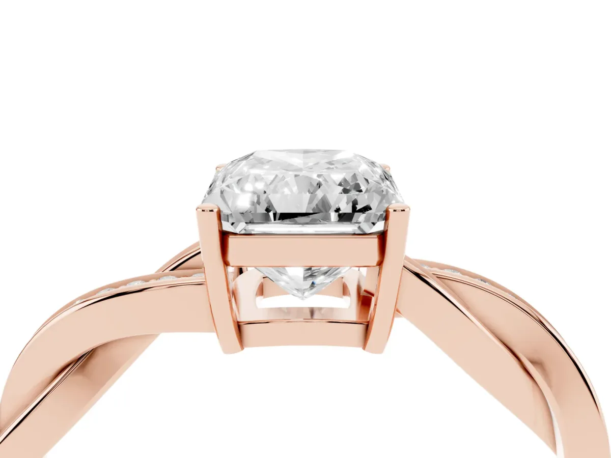 Radiant Cut Solitaire Twisted Pave Diamond Ring with Four-Prong Setting Rose gold