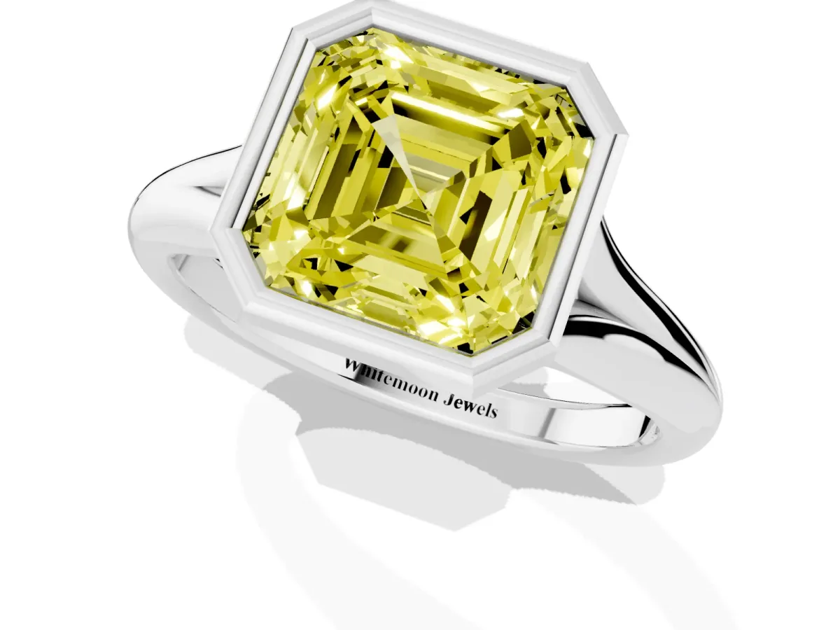 Fancy Yellow Bezel Set Asscher Cut Solitaire Diamond Ring with Smooth Band Silver
