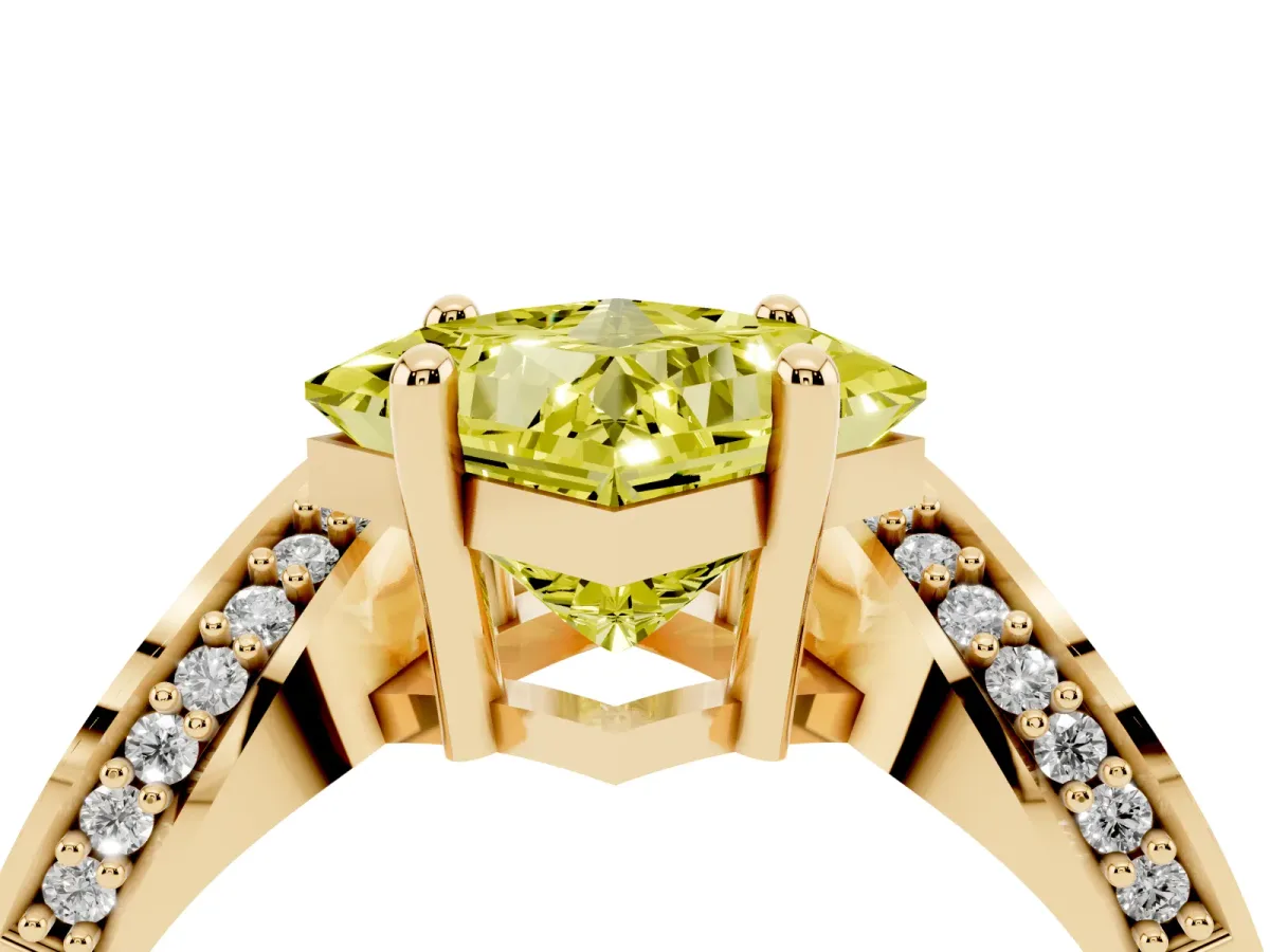 Fancy Yellow Princess Cut Solitaire Diamond Engagement Ring with Pave Band and Four-Prong Setting Yellow gold