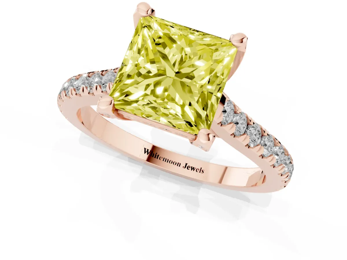 Fancy Yellow Princess Cut Brilliant Diamond Solitaire with Pavé Band and Four-Prong Setting Rose gold
