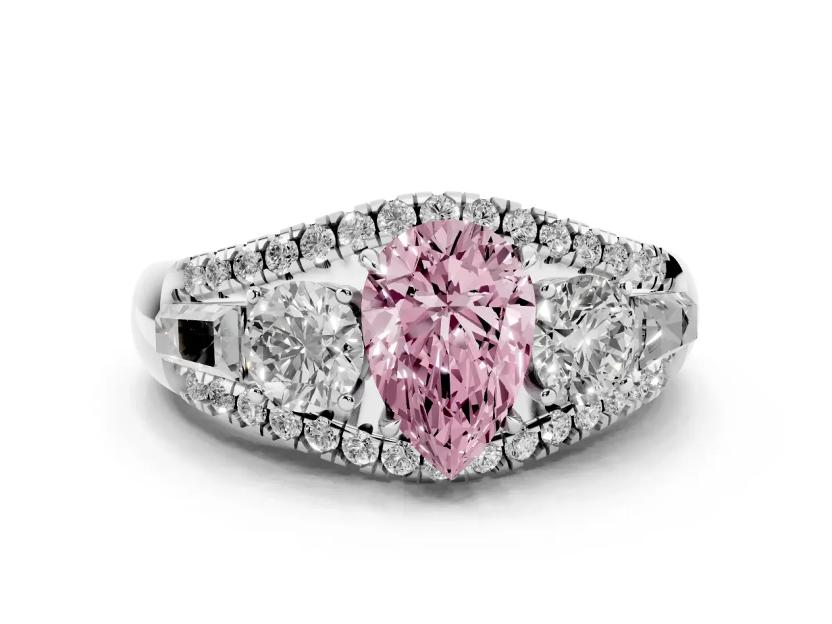 Fancy Pink Three-Stone Pear Cut Diamond Engagement Ring with Pave Band and Prong Setting Silver