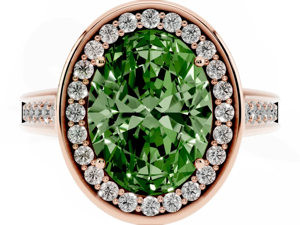 Fancy Green Oval Cut Halo Solitaire Diamond Ring with Pave Band and Bezel Setting Rose gold