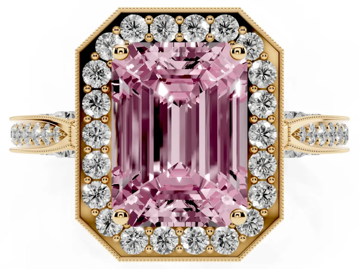 Fancy Pink Emerald Cut Halo Diamond Engagement Ring with Split Shank Band and Four-Prong Setting Yellow gold