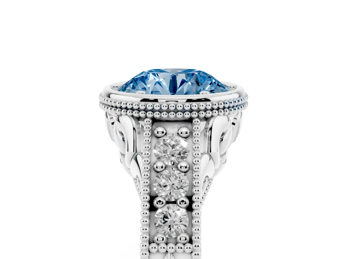 Fancy Blue Bezel Set Round Cut Diamond Milgrain Pave Engagement Ring Platinum