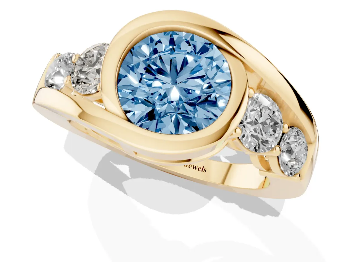 Fancy Blue Bezel Set Round Cut Diamond Bypass Ring with Round Accents Yellow gold