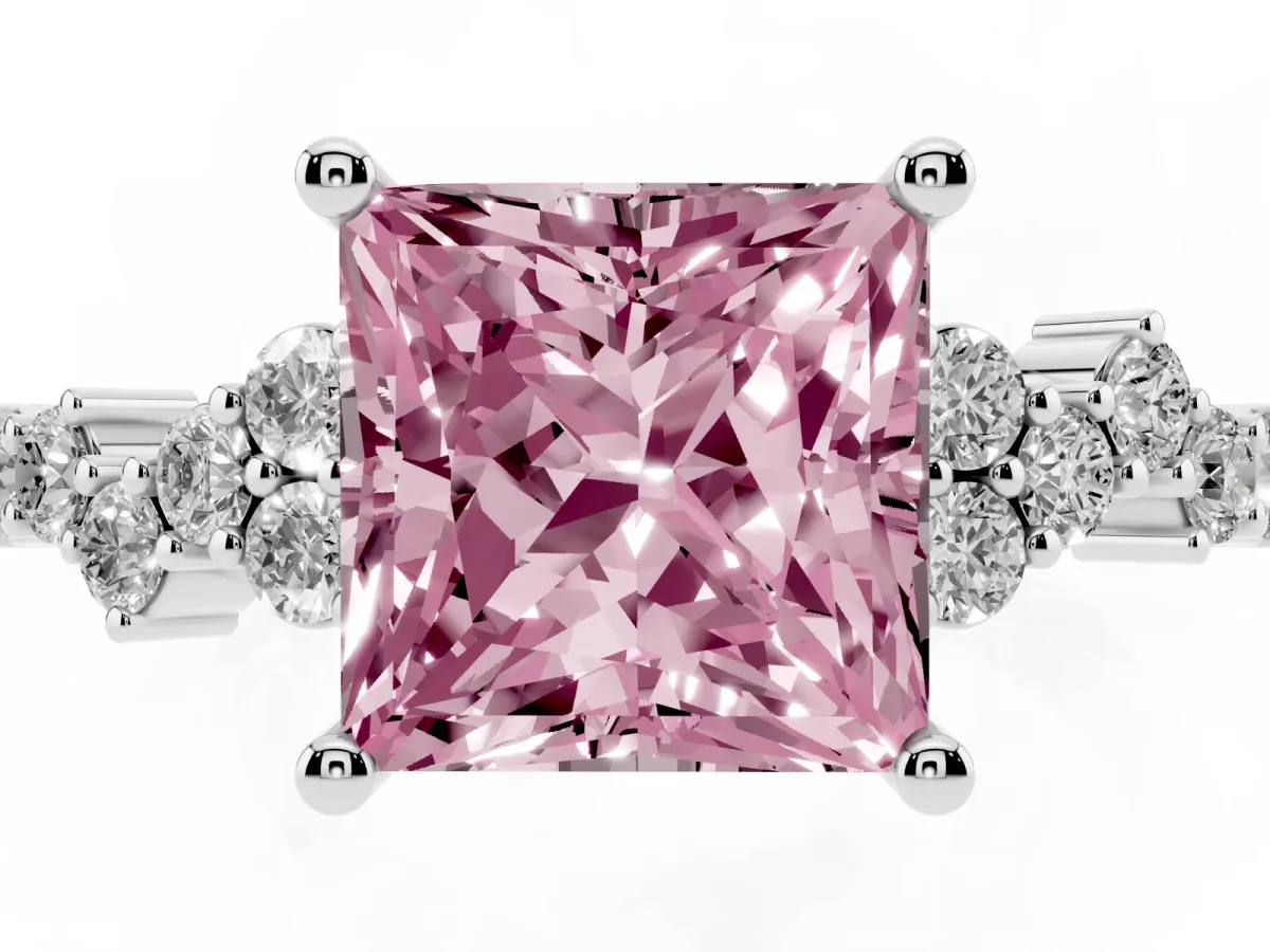 Fancy Pink Princess Cut Diamond Scattered Round Accent Ring with Prong Setting Platinum