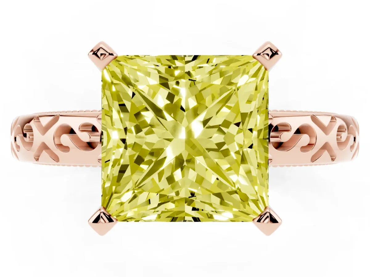 Fancy Yellow Princess Cut Solitaire Engagement Ring with Scrollwork Band and Four-Prong Setting Rose gold