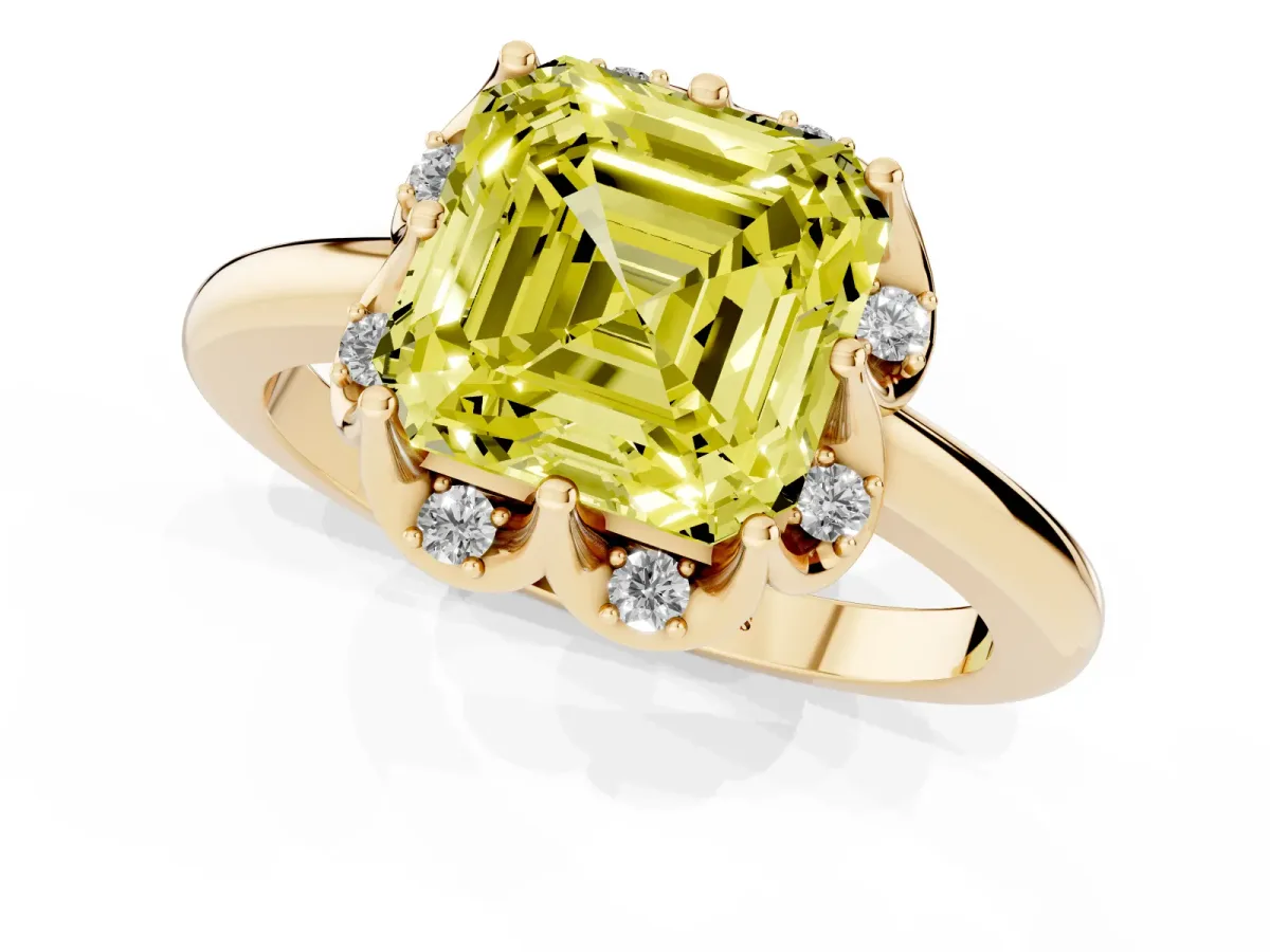 Fancy Yellow Asscher Cut Halo Diamond Ring with Round Cluster Setting, Solitaire Band, and Four-Prong Setting Yellow gold