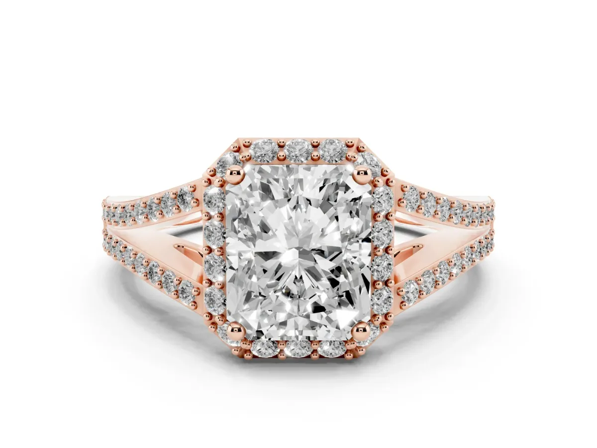 Radiant Cut Halo Split Shank Pave Diamond Ring with Four-Prong Setting Rose gold