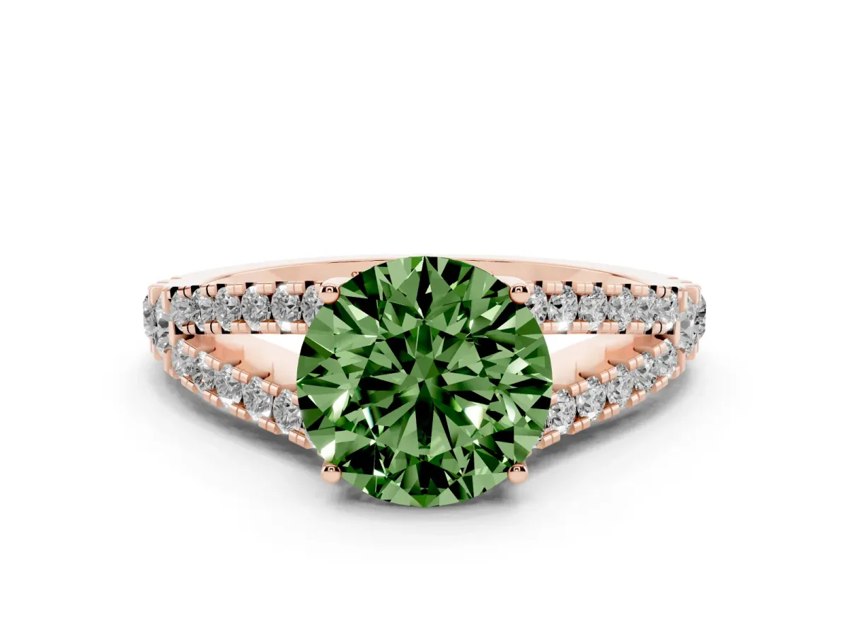 Fancy Green Round Cut Diamond Split Shank Pavé Engagement Ring with Four-Prong Setting Rose gold