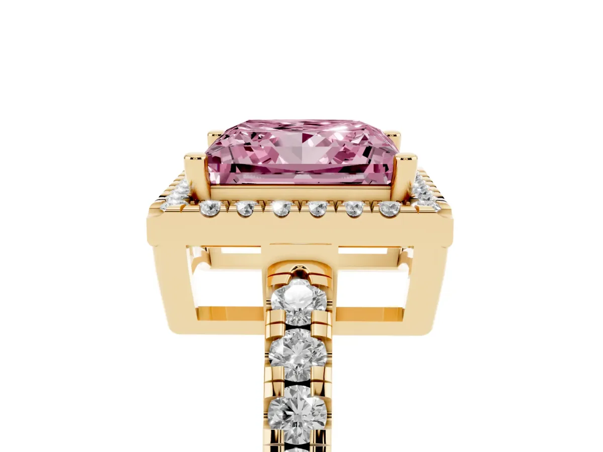 Fancy Pink Princess Cut Diamond Halo Ring with Pavé Band and Four-Prong Setting Yellow gold