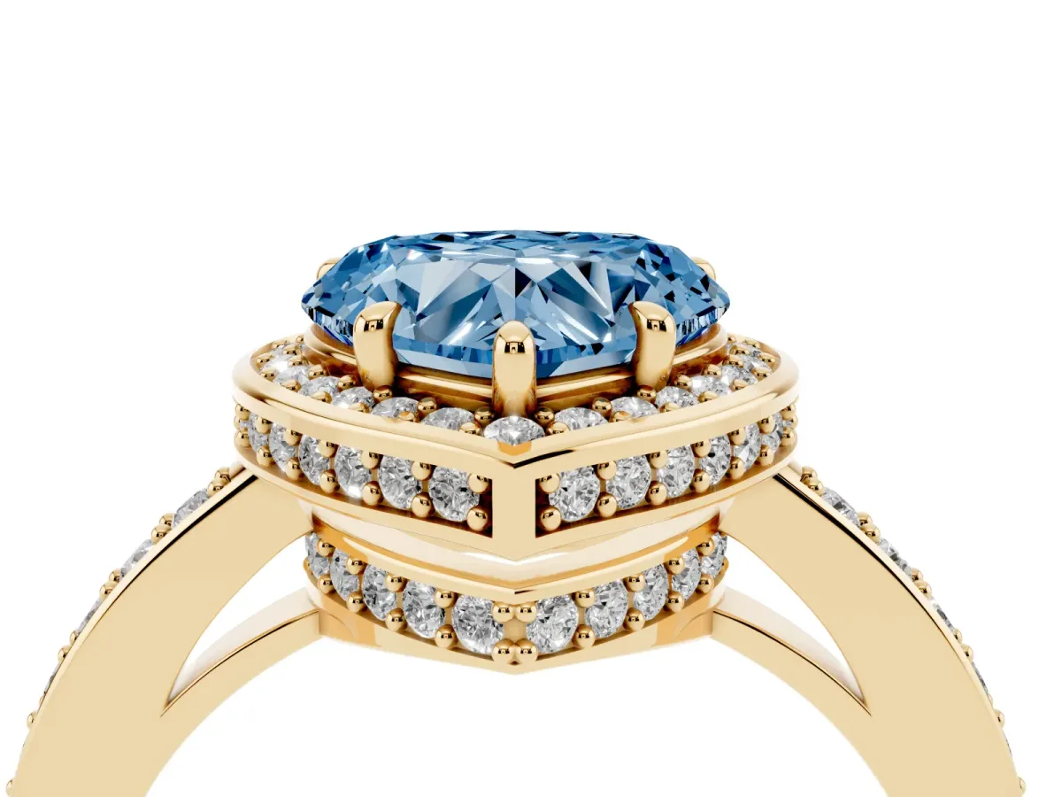Fancy Blue Heart Cut Halo Pave Band Solitaire Ring with Prong Setting Yellow gold