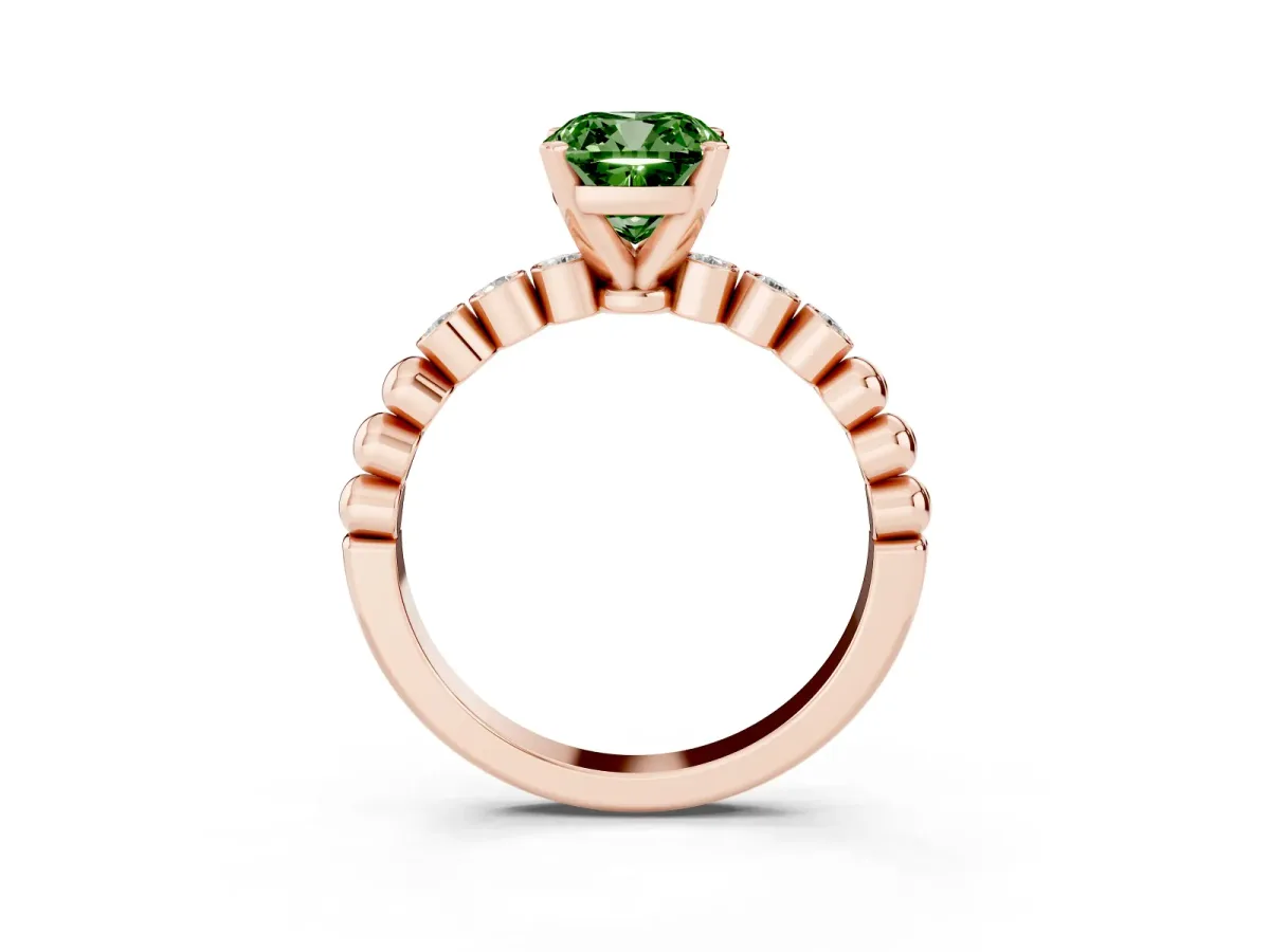 Fancy Green Cushion Cut Solitaire Bezel Accent Diamond Engagement Ring with Beaded Band and Four-Prong Setting Rose gold