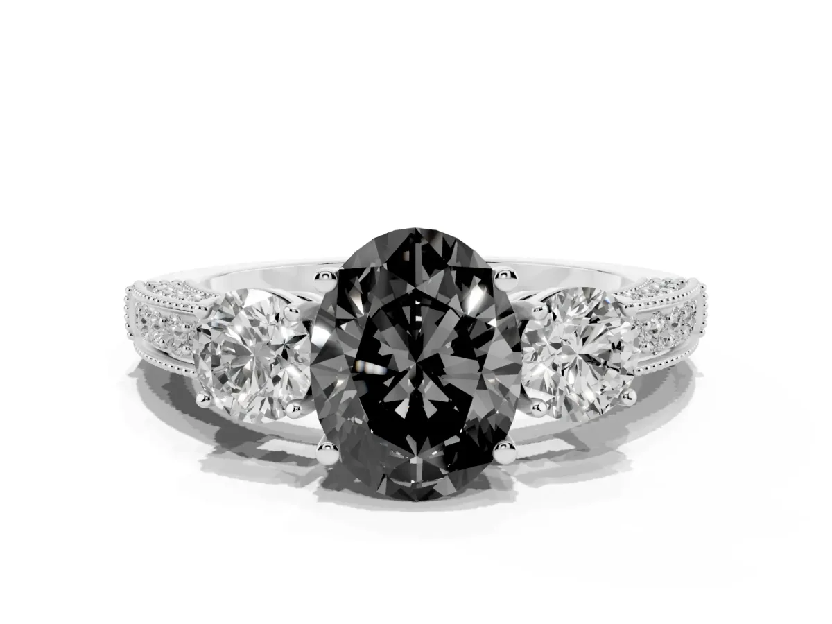 Fancy Black Oval Cut Three-Stone Diamond Ring with Pavé Band and Four-Prong Setting Platinum