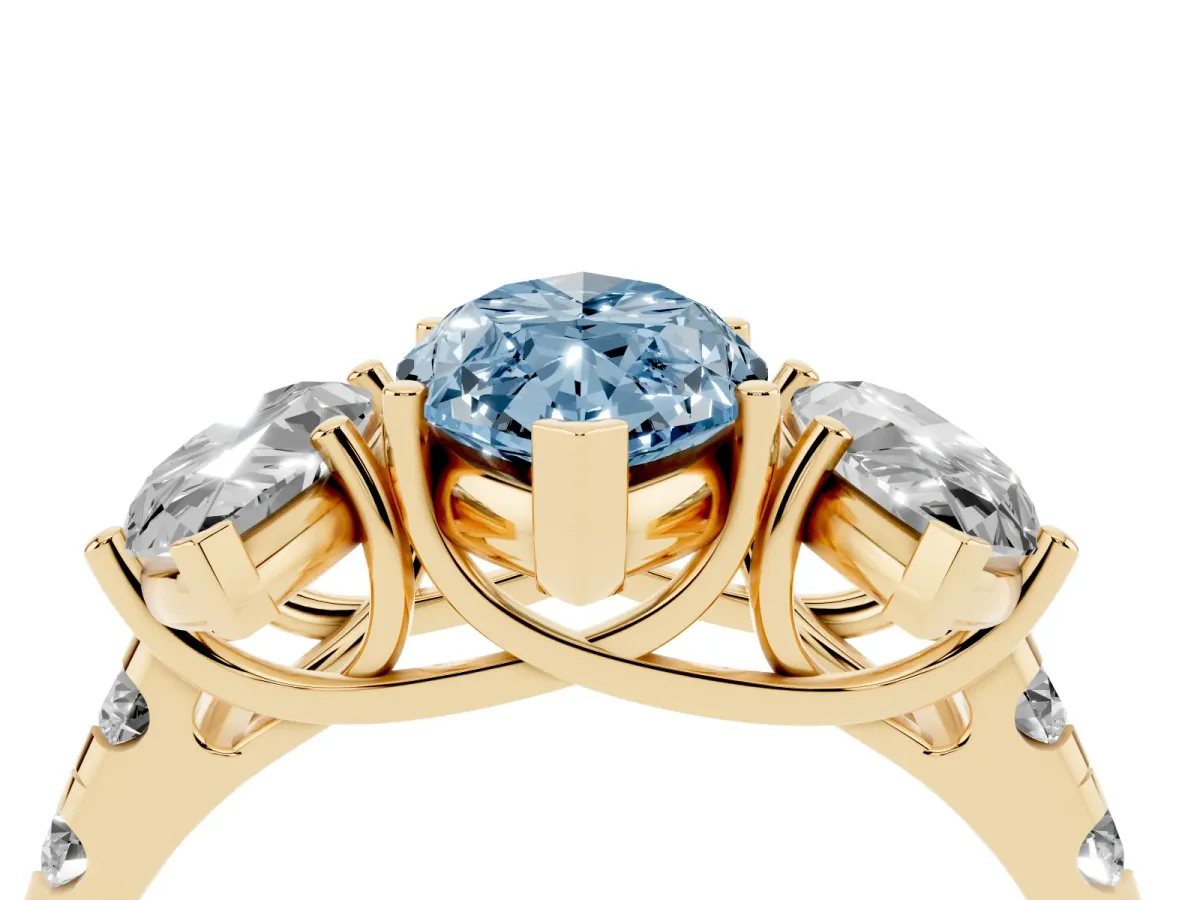 Fancy Blue Three-Stone Marquise Cut Diamond Pavé Band with Prong Setting Yellow gold