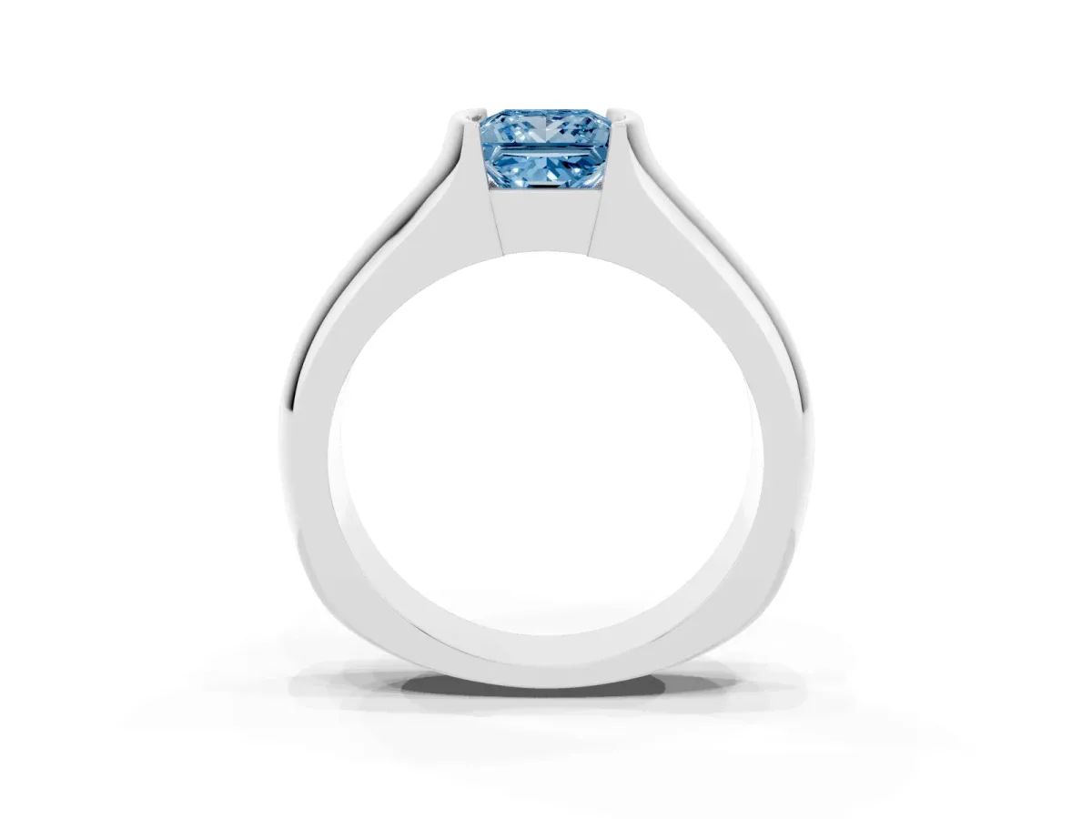 Fancy Blue Princess Cut Solitaire Bezel Set Diamond Ring with Wide Band Silver