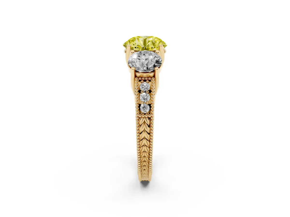 Fancy Yellow Three-Stone Round Cut Cut Milgrain Pavé Engagement Ring Yellow gold