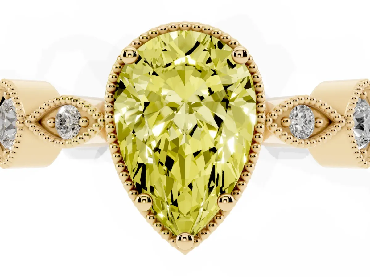 Fancy Yellow Pear Cut Diamond Vintage Milgrain Ring with Round Stations Yellow gold