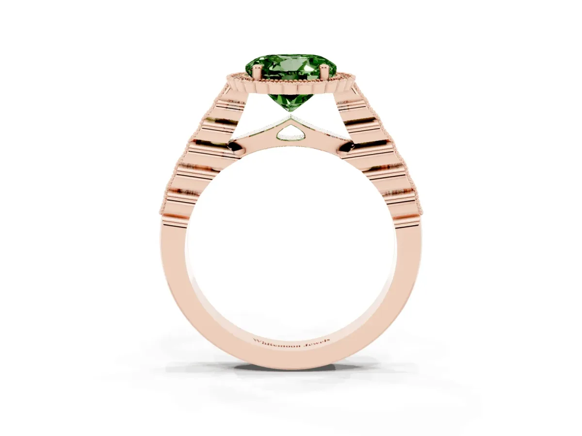 Fancy Green Round Cut Cut Halo Pavé Solitaire Ring with Milgrain Band Rose gold