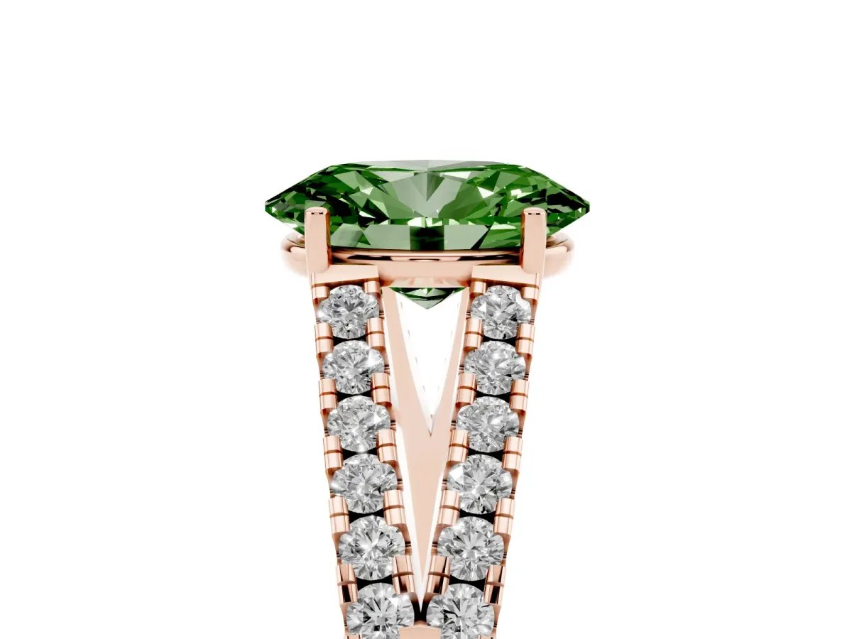 Fancy Green Oval Cut Diamond Split Shank Pavé Engagement Ring with Four-Prong Setting Rose gold