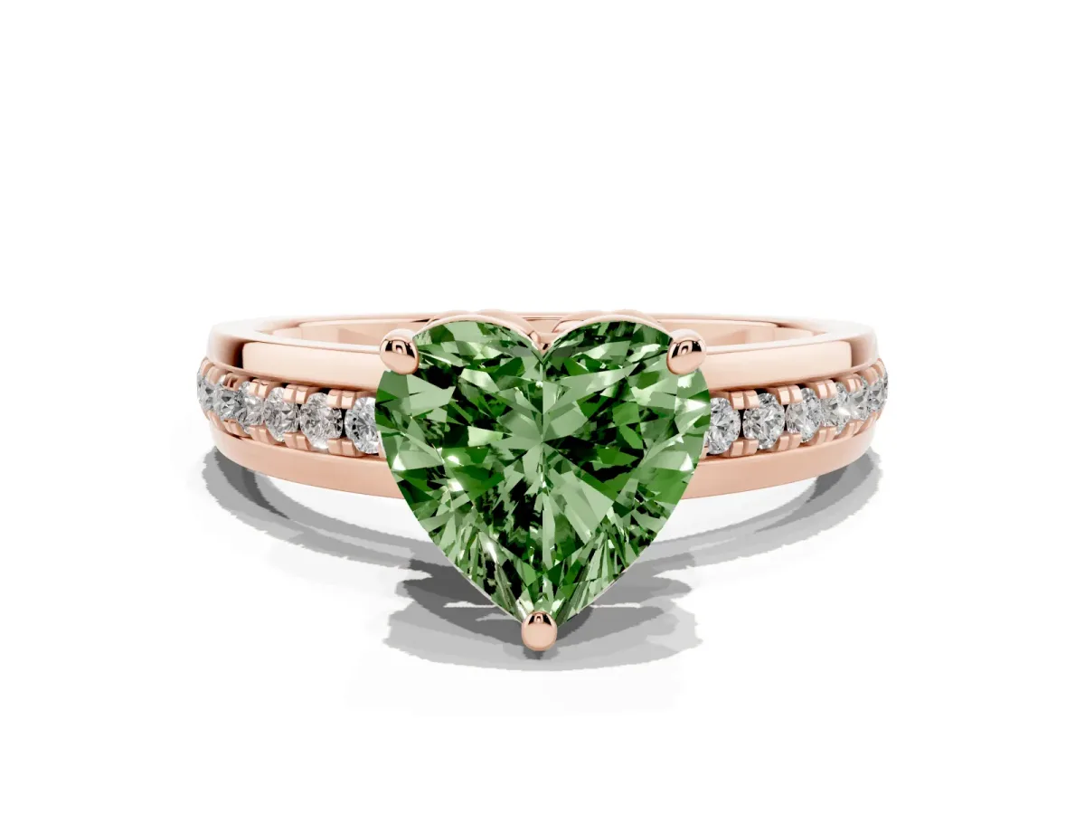 Fancy Green Heart Cut Solitaire Diamond Ring with Channel Set Band and Six-Prong Setting Rose gold