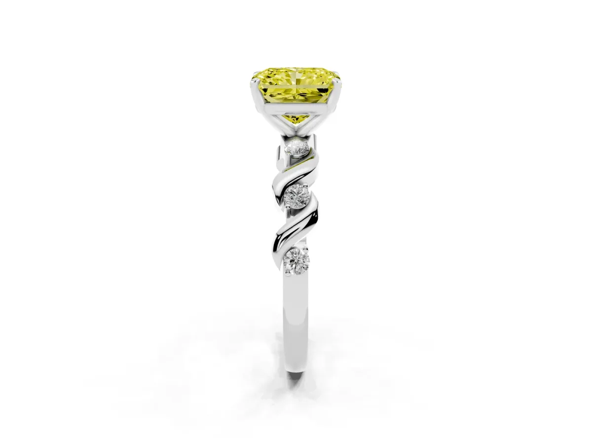 Fancy Yellow Radiant Cut Diamond Solitaire Twisted Band with Round Accents and Prong Setting Platinum