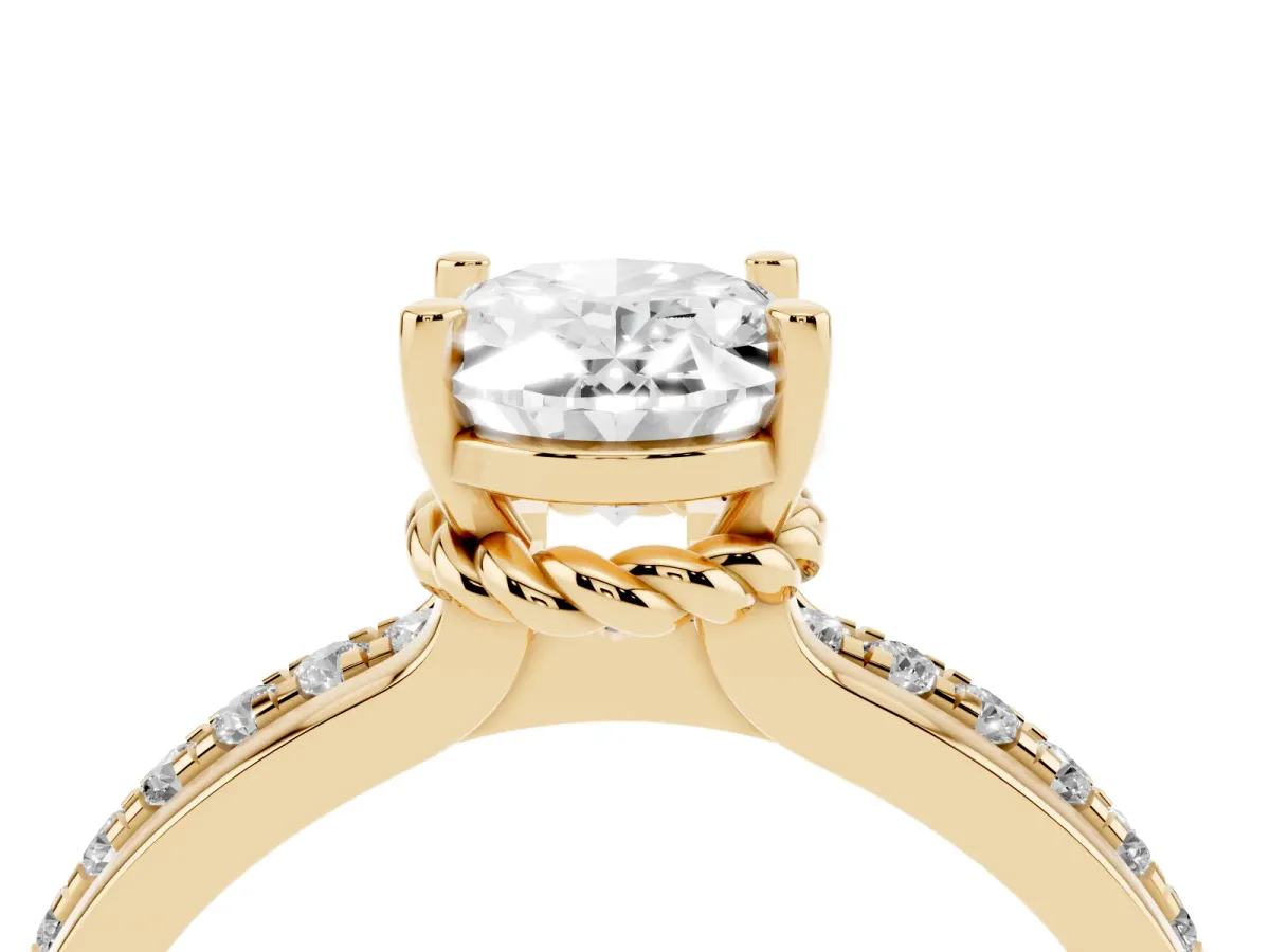 Oval Cut Solitaire Diamond Ring with Channel Set Band and Six-Prong Setting Yellow gold