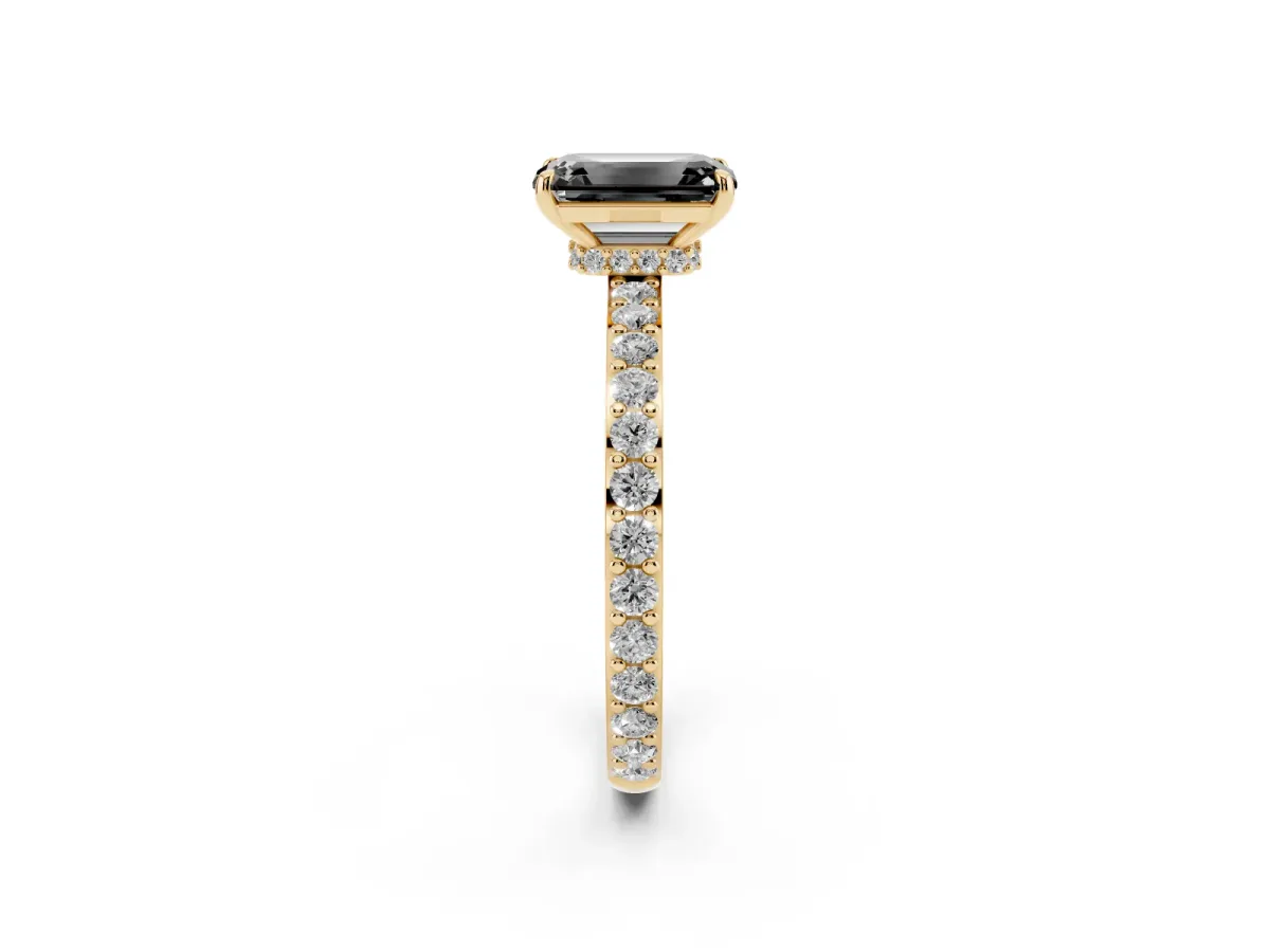Fancy Black Emerald Cut Diamond Pavé Engagement Ring with Round Accents and Prong Setting Yellow gold