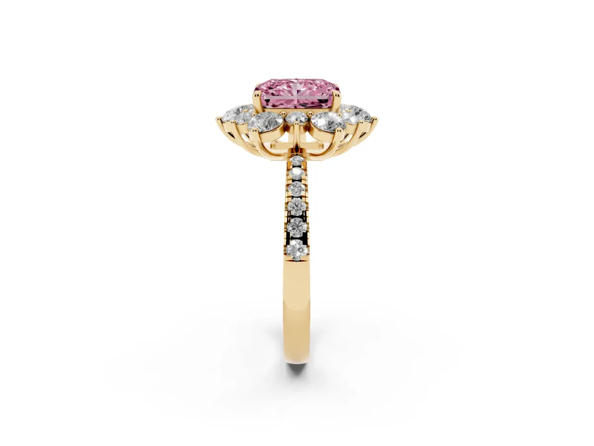 Fancy Pink Radiant Cut Diamond Floral Halo Ring with Round Pavé Band and Prong Setting Yellow gold