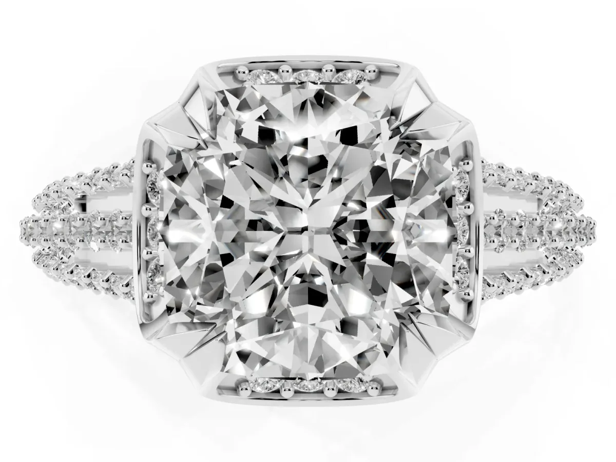 Cushion Cut Solitaire Pave Split Shank Ring with Four-Prong Setting Silver