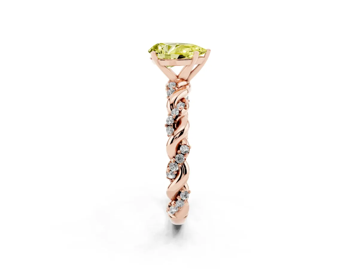 Fancy Yellow Pear Cut Diamond Solitaire Ring with Twisted Band and Pavé Accents Rose gold
