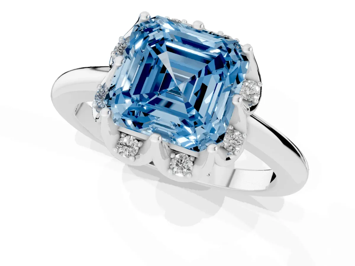 Fancy Blue Asscher Cut Halo Diamond Ring with Round Cluster Setting, Solitaire Band, and Four-Prong Setting Silver