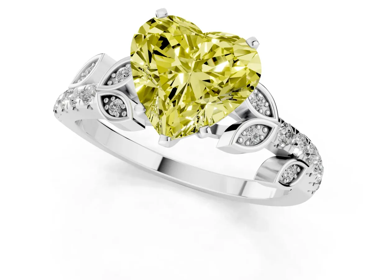 Fancy Yellow Heart Cut Solitaire Leaf-Inspired Diamond Ring with Pavé Band and Four-Prong Setting Platinum
