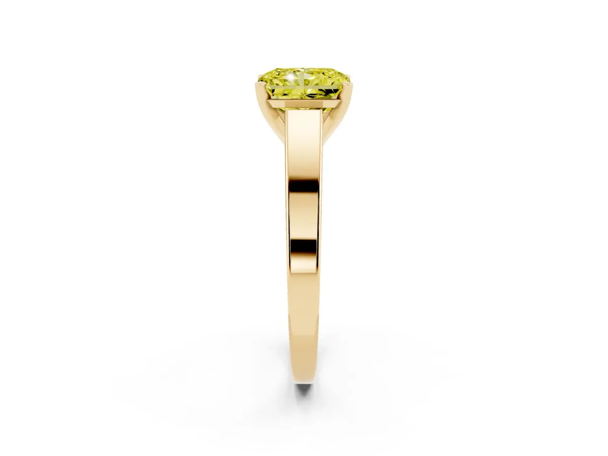Fancy Yellow Radiant Cut Solitaire Engagement Ring with Four-Prong Setting and Tapered Band Yellow gold