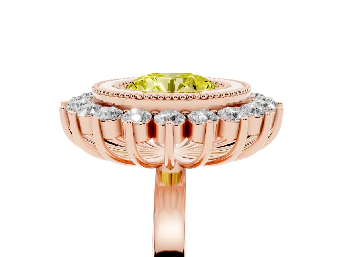 Fancy Yellow Round Cut Halo Diamond Ring with Milgrain Edge and Round Prong Setting Rose gold