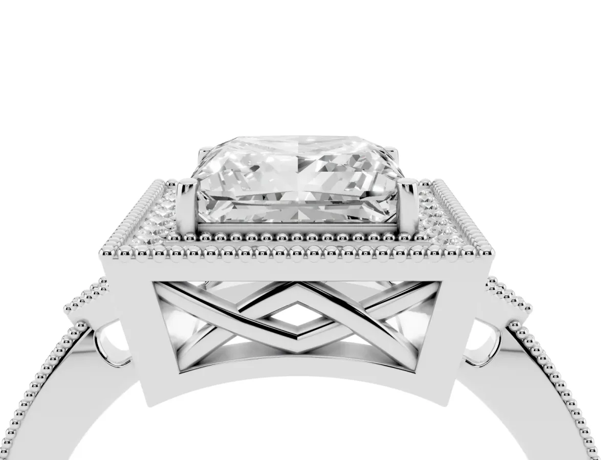 Princess Cut Halo Round Diamond Milgrain Pave Engagement Ring Silver