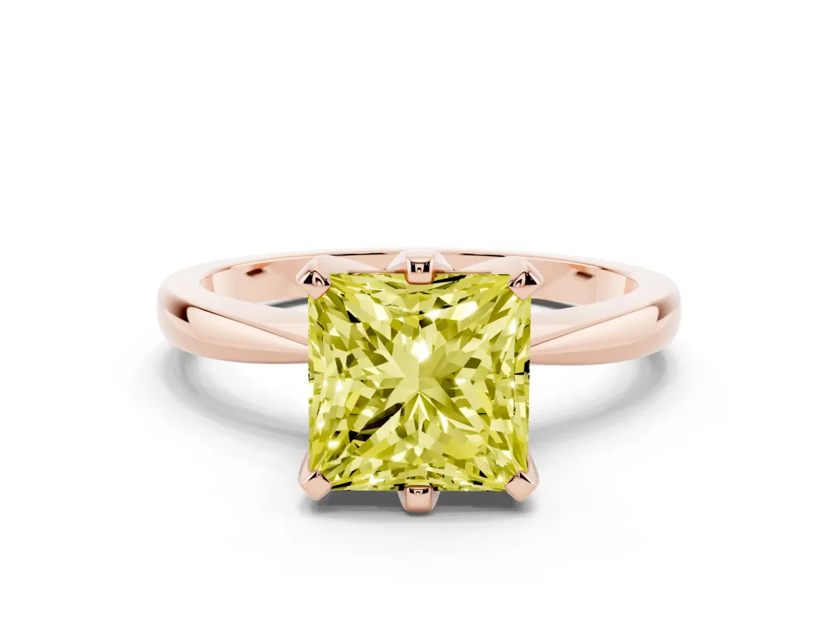 Fancy Yellow Princess Cut Solitaire Engagement Ring with Six-Prong Setting and Tapered Band Rose gold