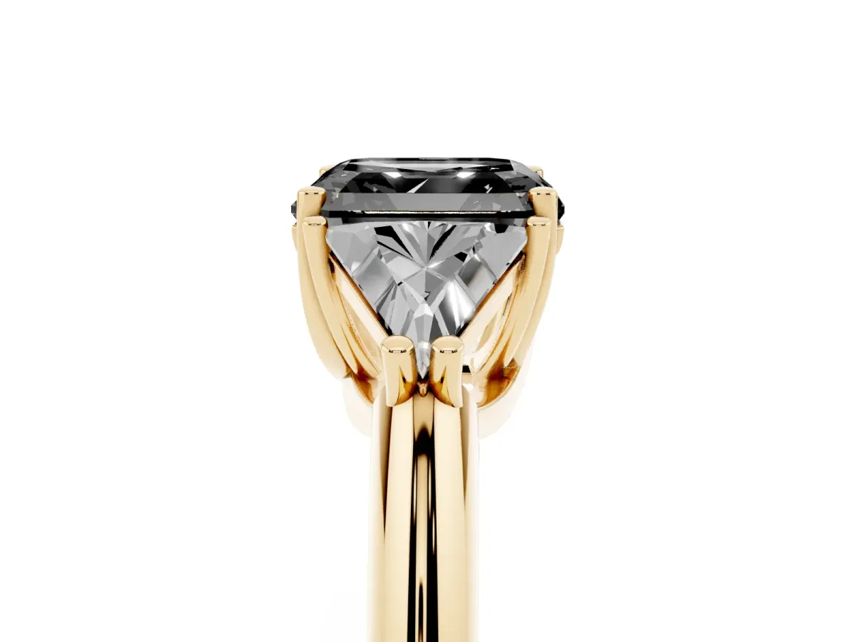 Fancy Black Three-Stone Asscher Cut Diamond Engagement Ring with Trillion Side Stones and Prong Setting Yellow gold