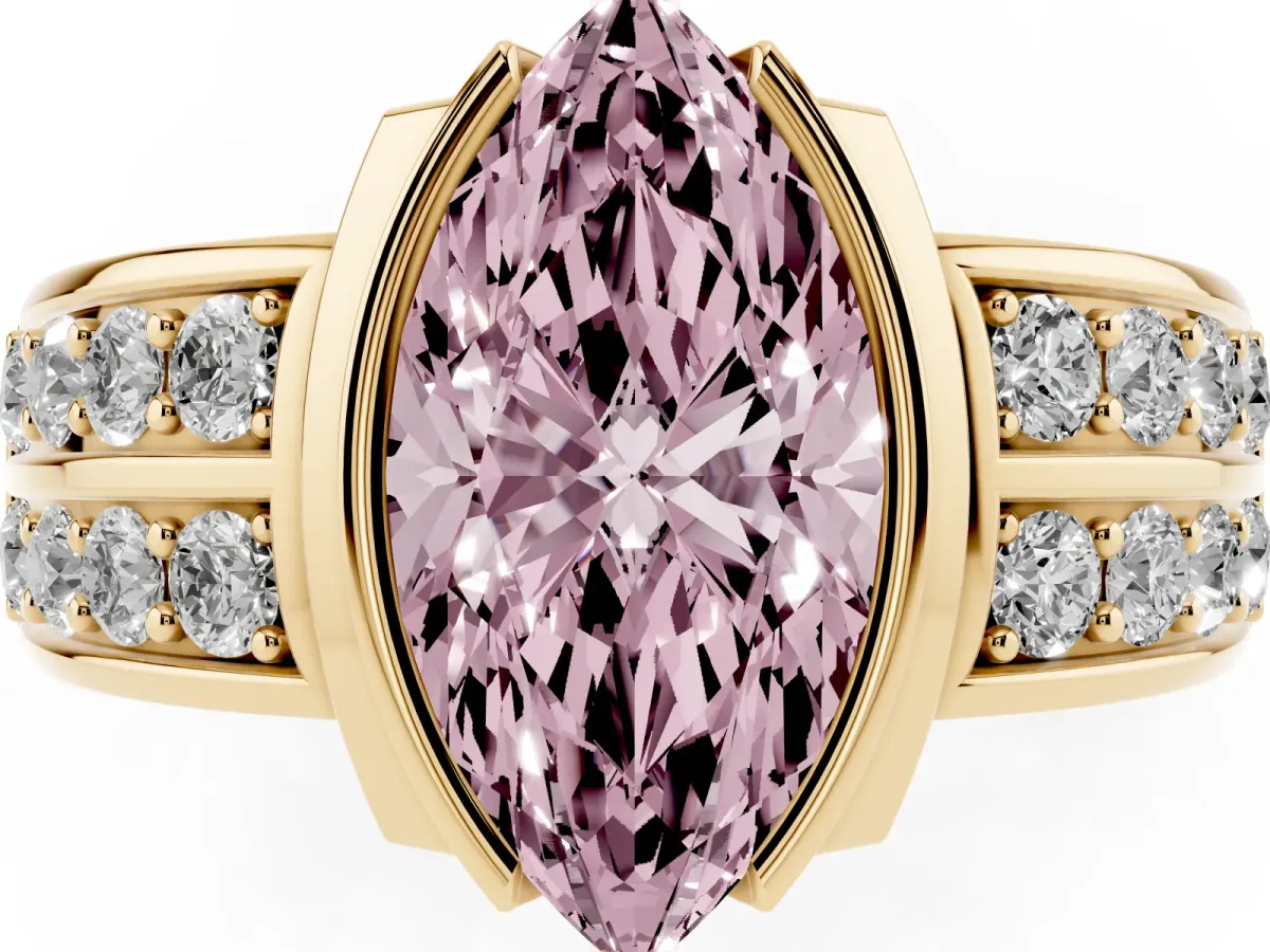 Fancy Pink Marquise Cut Brilliant Diamond Channel Set Wide Band Ring with Bezel Setting Yellow gold