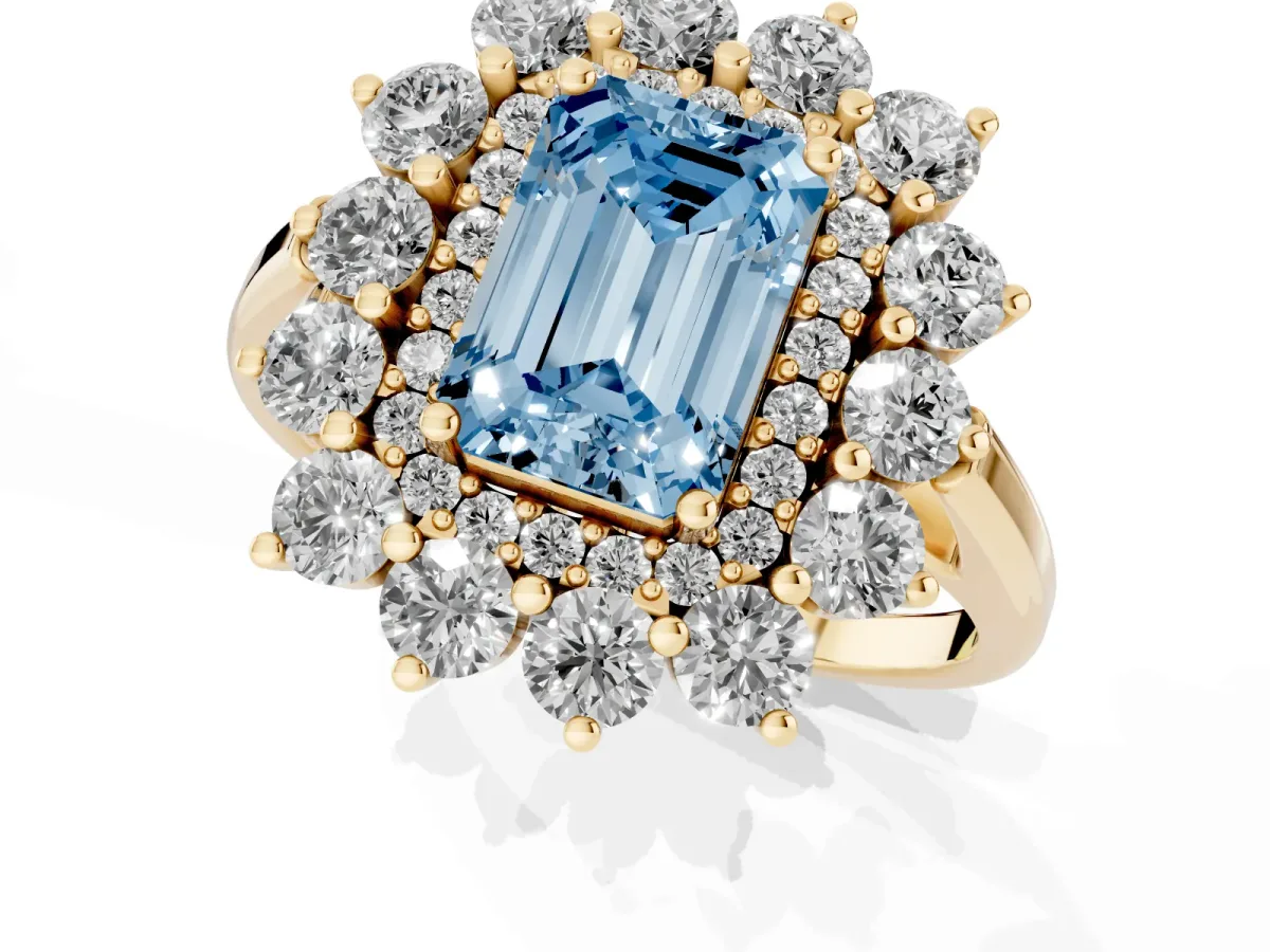 Fancy Blue Emerald Cut Diamond Floral Double Halo Engagement Ring with Prong Setting Yellow gold