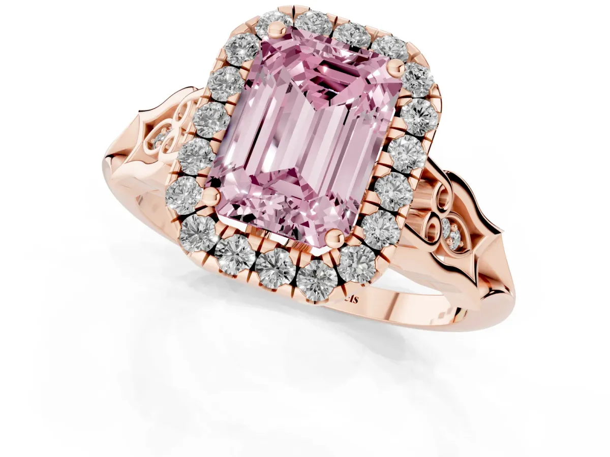 Fancy Pink Emerald Cut Halo Diamond Engagement Ring with Filigree Band and Four-Prong Setting Rose gold