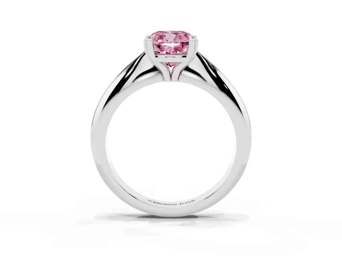 Fancy Pink Cushion Cut Cut Solitaire Engagement Ring with Tapered Band and Four-Prong Setting Silver