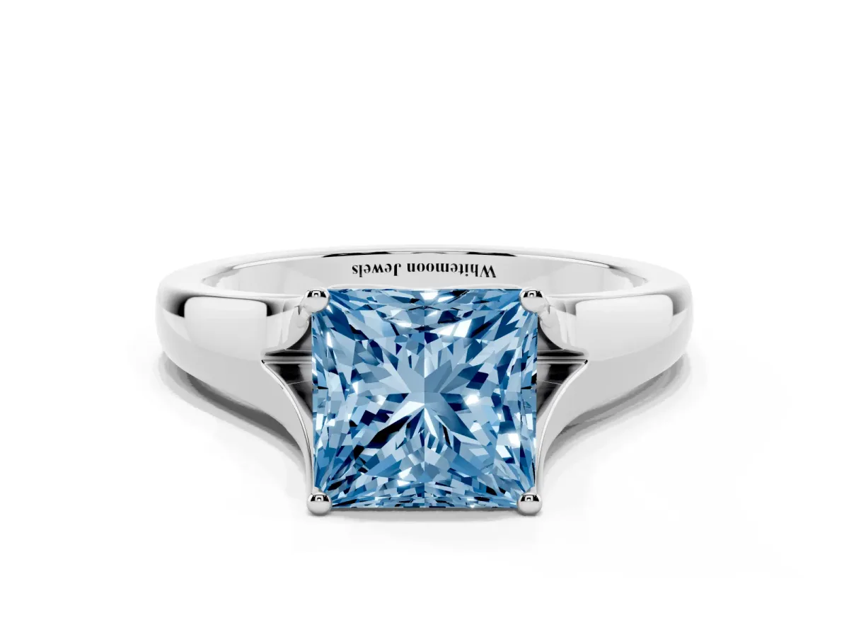 Fancy Blue Princess Cut Solitaire Diamond Ring with Cathedral Band and Four-Prong Setting Silver