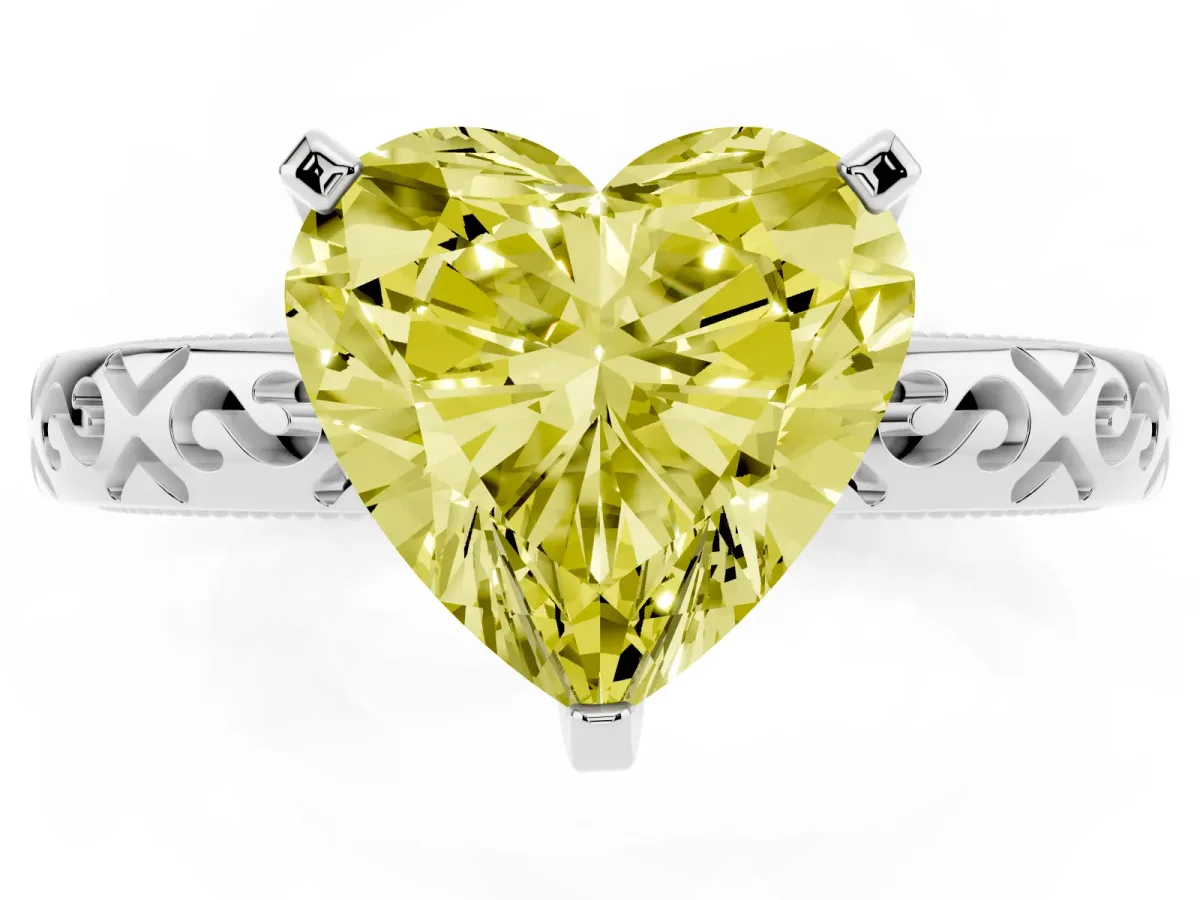 Fancy Yellow Heart Cut Solitaire Engagement Ring with Scrollwork Band and Four-Prong Setting Platinum