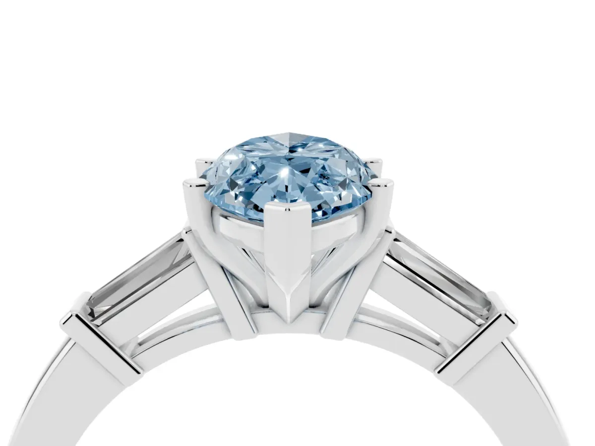 Fancy Blue Marquise Cut Cut Diamond Solitaire Ring with Tapered Baguette Accents and Four-Prong Setting Silver