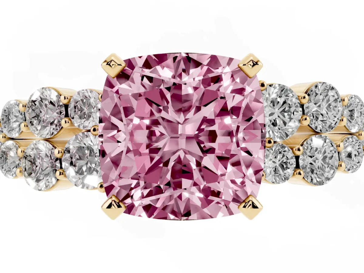 Fancy Pink Cushion Cut Cluster Diamond Engagement Ring with Pavé Band and Four-Prong Setting Yellow gold